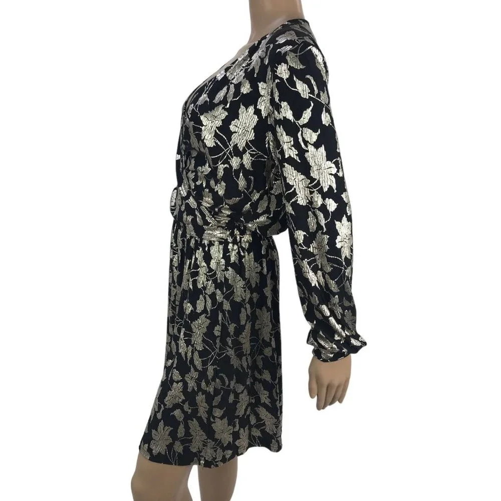 NWT Vero Moda Womens Floral A-Line Dress Metallic Long Sleeve VNeck Mini Dress S